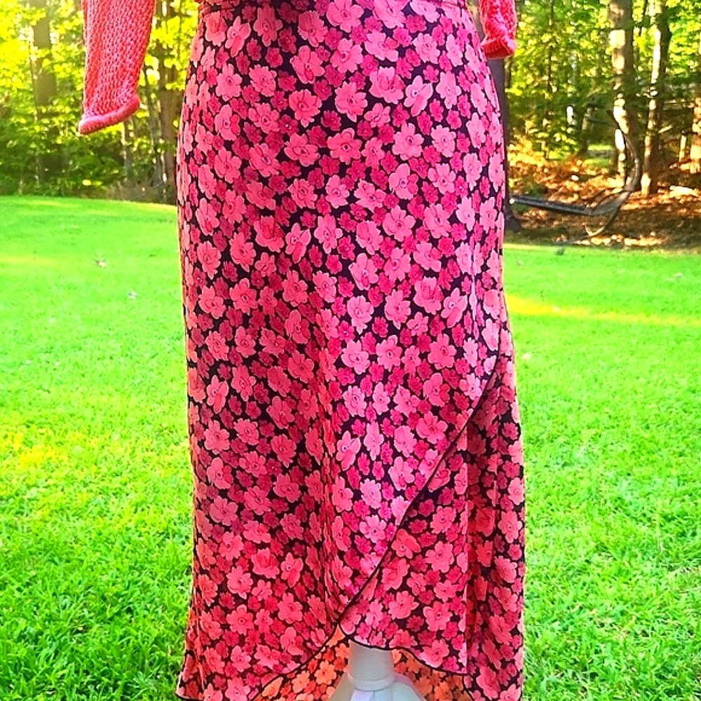 Y2K Pink Floral Drop Waist Pull-on Asymmetrical Flowy Cottagecore Skirt